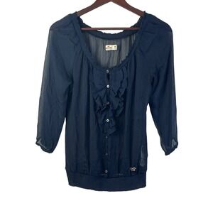 Hollister Navy Sheer Ruffle Button-Up Blouse Size M Sheer 3/4 Sleeve Boho